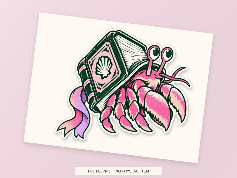 Lucky Somewhere Library Hermit Crab digital PNG artwork shown in a styled preview. One design. Digital download only, no physical item.