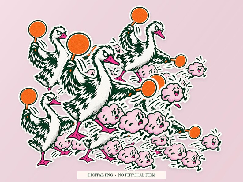 Goose Thought Traffic artwork shown as overlapping white outlined sticker cutouts on a pink background. Digital PNG mockup; physical stickers are not included.