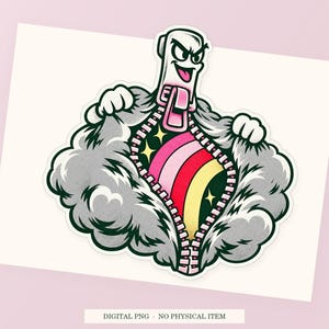 Rainbow Zipper close view showing the pink and green artwork and white outline.