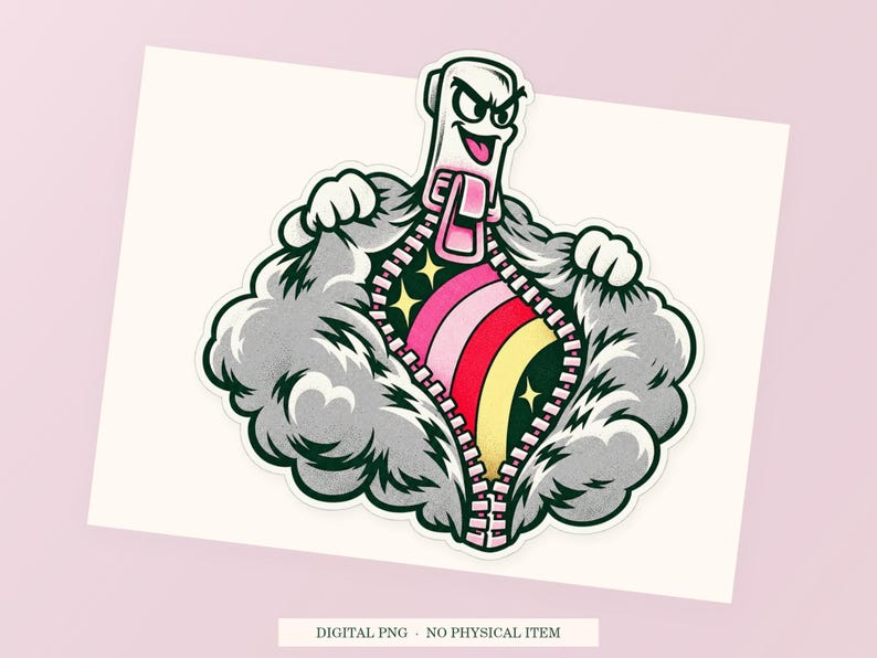 Rainbow Zipper close view showing the pink and green artwork and white outline.