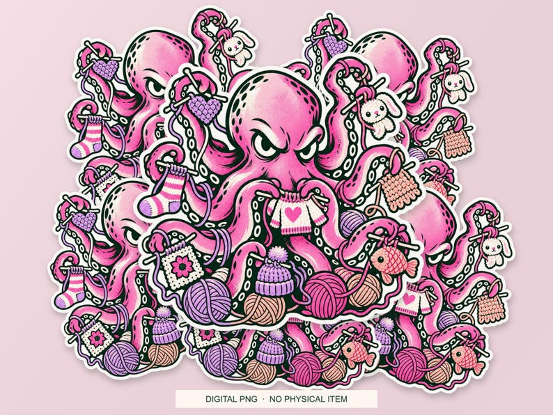 Lucky Somewhere Crochet Octopus Overtime digital PNG artwork shown in a styled preview. One design. Digital download only, no physical item.