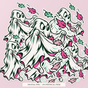 Ghost Autumn Collector artwork shown as overlapping white outlined sticker cutouts on a pink background. Digital PNG mockup; physical stickers are not included.