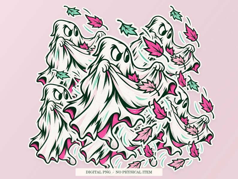 Ghost Autumn Collector artwork shown as overlapping white outlined sticker cutouts on a pink background. Digital PNG mockup; physical stickers are not included.