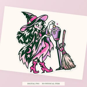 Close view of the pink and green Witch Parking Meter illustration with its white outline on a styled background. One transparent PNG digital download.