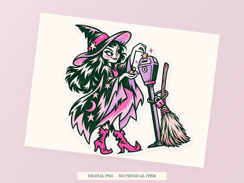 Close view of the pink and green Witch Parking Meter illustration with its white outline on a styled background. One transparent PNG digital download.