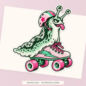 Slug Roller Skates close view showing the pink and green artwork and white outline.