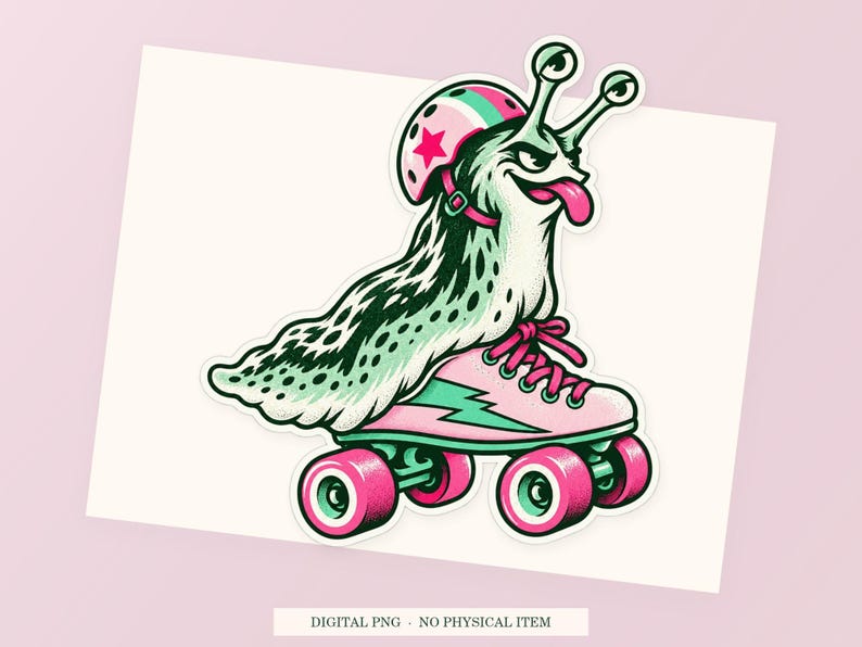 Slug Roller Skates close view showing the pink and green artwork and white outline.