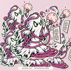 Haunted Extension Cord artwork shown as overlapping white outlined sticker cutouts on a pink background. Digital PNG mockup; physical stickers are not included.