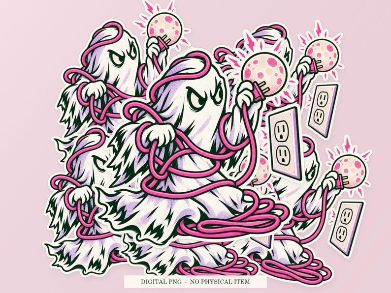 Haunted Extension Cord artwork shown as overlapping white outlined sticker cutouts on a pink background. Digital PNG mockup; physical stickers are not included.