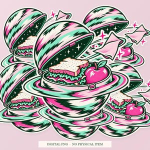 Planet Lunchbox shown in a playful sticker cluster on powder pink. Digital mockup, no physical stickers included.