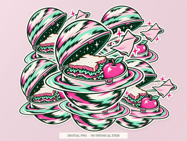 Planet Lunchbox shown in a playful sticker cluster on powder pink. Digital mockup, no physical stickers included.