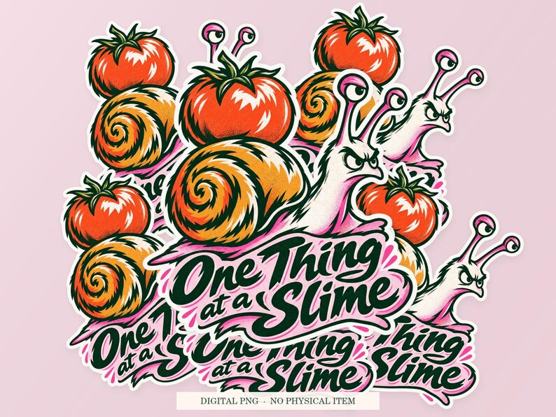 One Thing at a Slime shown in a playful sticker cluster on powder pink. Digital mockup, no physical stickers included.