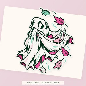 Close view of the pink and green Ghost Autumn Collector illustration with its white outline on a styled background. One transparent PNG digital download.