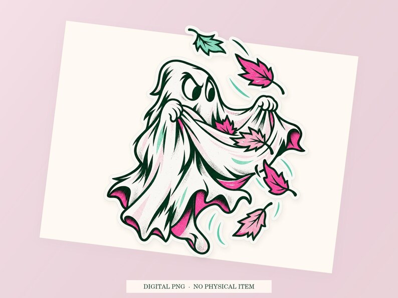 Close view of the pink and green Ghost Autumn Collector illustration with its white outline on a styled background. One transparent PNG digital download.