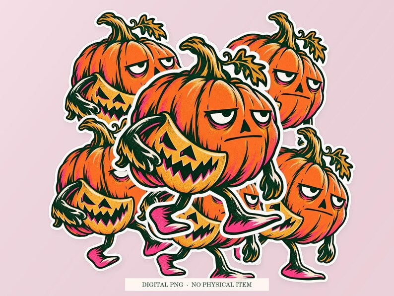Pumpkin Spare Smile artwork shown as overlapping white outlined sticker cutouts on a pink background. Digital PNG mockup; physical stickers are not included.