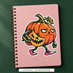 Pumpkin Spare Smile artwork decorating a notebook as a white outlined sticker. Digital PNG project example; notebook and sticker are not included.