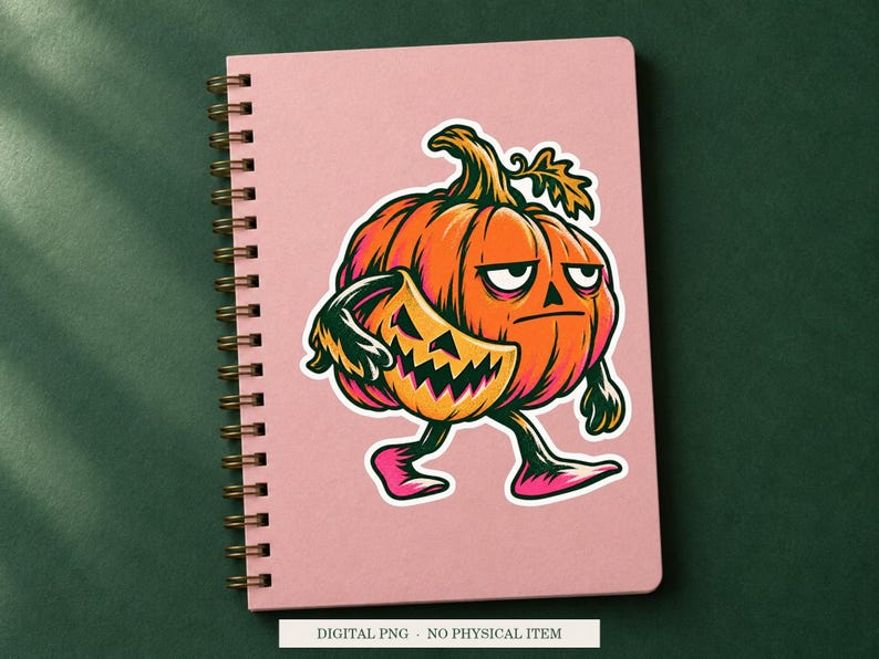 Pumpkin Spare Smile artwork decorating a notebook as a white outlined sticker. Digital PNG project example; notebook and sticker are not included.