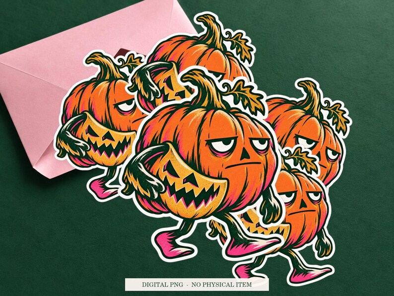 Pumpkin Spare Smile artwork shown as a sticker on a cream envelope against green. Digital PNG mockup; envelope and physical sticker are not included.