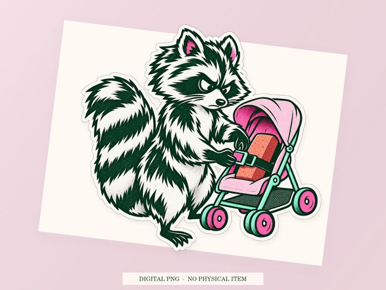 Raccoon Emotional Support Brick close view showing the pink and green artwork and white outline.