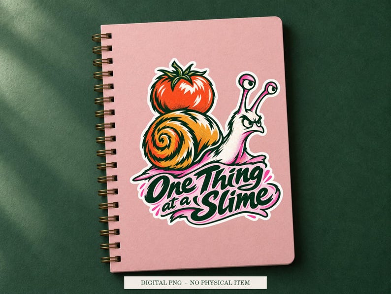 One Thing at a Slime displayed on a notebook. Digital mockup showing a creative use for the PNG.