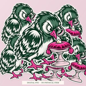 Pigeon Bread Inspector shown in a playful sticker cluster on powder pink. Digital mockup, no physical stickers included.