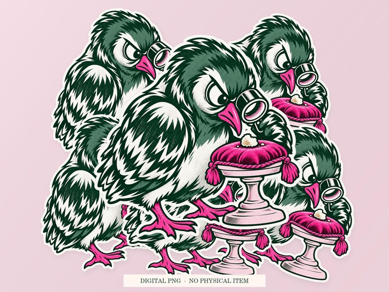 Pigeon Bread Inspector shown in a playful sticker cluster on powder pink. Digital mockup, no physical stickers included.