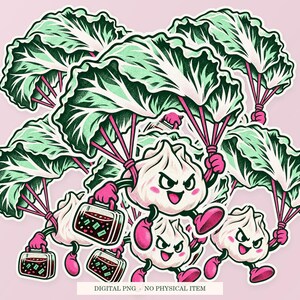 Emergency Dumpling Parachute shown in a playful sticker cluster on powder pink. Digital mockup, no physical stickers included.
