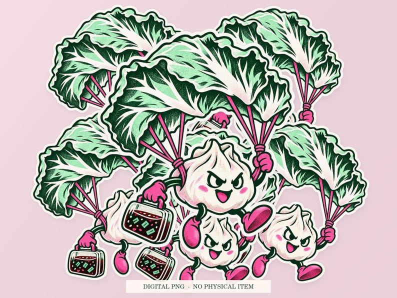 Emergency Dumpling Parachute shown in a playful sticker cluster on powder pink. Digital mockup, no physical stickers included.
