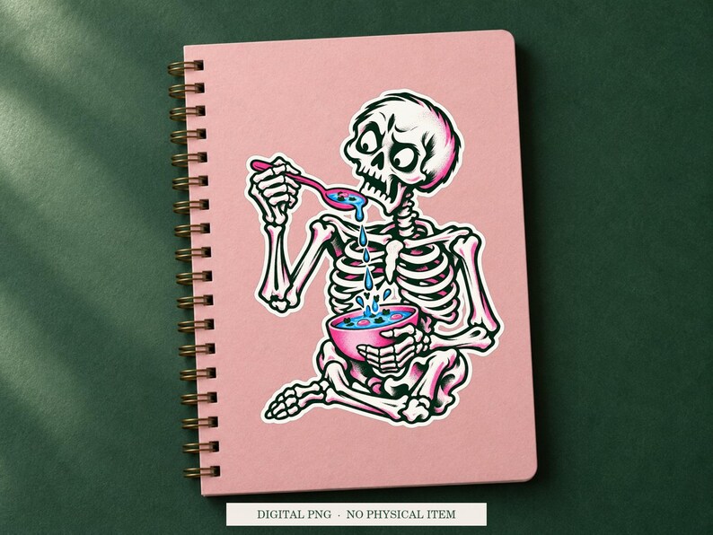 Skeleton Soup Strainer artwork decorating a notebook as a white outlined sticker. Digital PNG project example; notebook and sticker are not included.