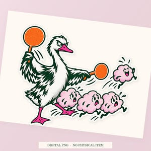 Close view of the pink and green Goose Thought Traffic illustration with its white outline on a styled background. One transparent PNG digital download.