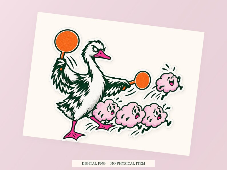 Close view of the pink and green Goose Thought Traffic illustration with its white outline on a styled background. One transparent PNG digital download.