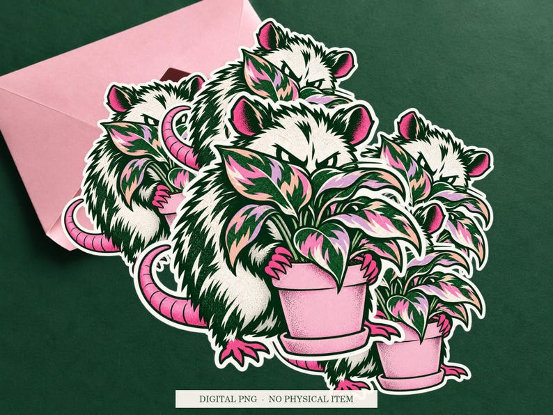 Possum Social Camouflage displayed on an envelope with a green background. Digital mockup, no physical item included.