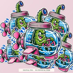 Pickle Jar Submarine shown in a playful sticker cluster on powder pink. Digital mockup, no physical stickers included.