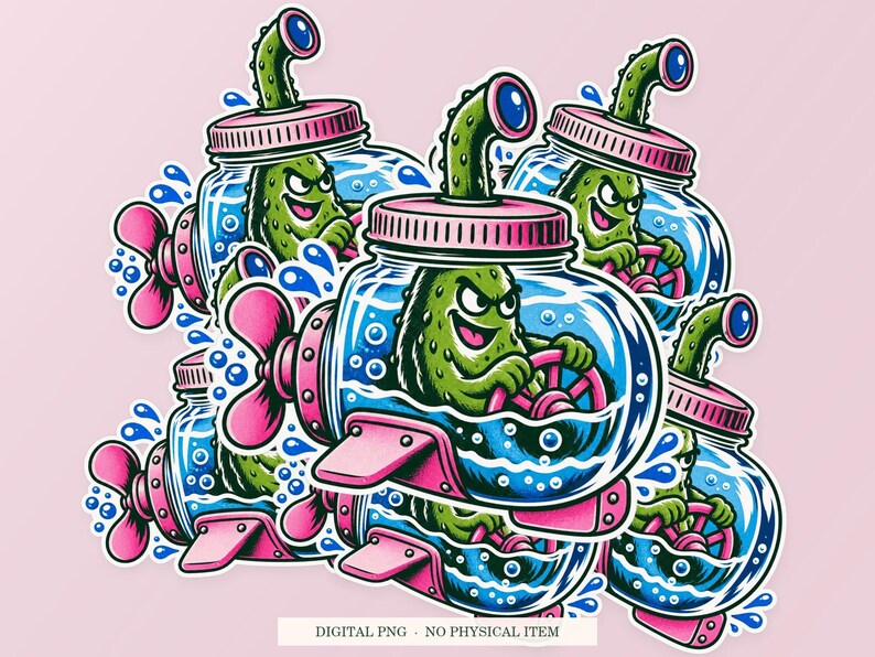 Pickle Jar Submarine shown in a playful sticker cluster on powder pink. Digital mockup, no physical stickers included.