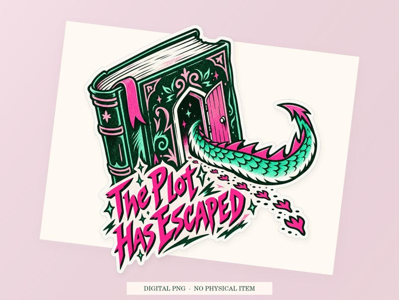The Plot Has Escaped close view showing the pink and green artwork and white outline.