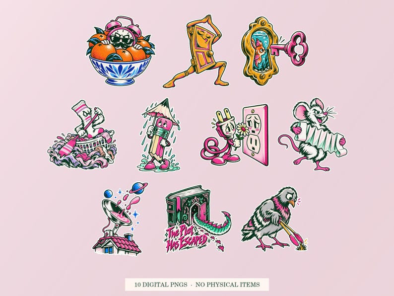 Everyday Oddities cover showing ten pink and green designs. Digital PNG bundle, no physical item.