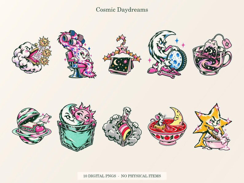 Cosmic Daydreams overview showing all ten included transparent PNG designs.