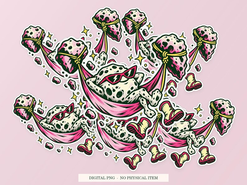 Gravity Lunch Break shown in a playful sticker cluster on powder pink. Digital mockup, no physical stickers included.