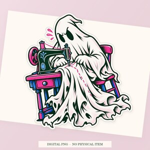 Close view of the pink and green Ghost Hem Repair illustration with its white outline on a styled background. One transparent PNG digital download.