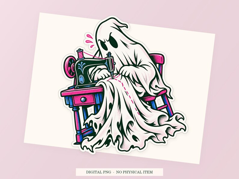 Close view of the pink and green Ghost Hem Repair illustration with its white outline on a styled background. One transparent PNG digital download.