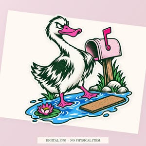 Close view of the pink and green Duck Puddle Property illustration with its white outline on a styled background. One transparent PNG digital download.