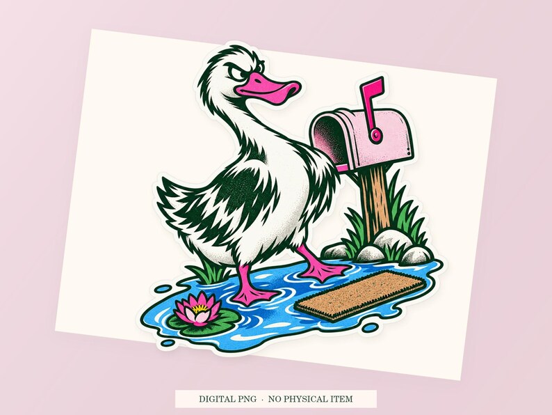 Close view of the pink and green Duck Puddle Property illustration with its white outline on a styled background. One transparent PNG digital download.