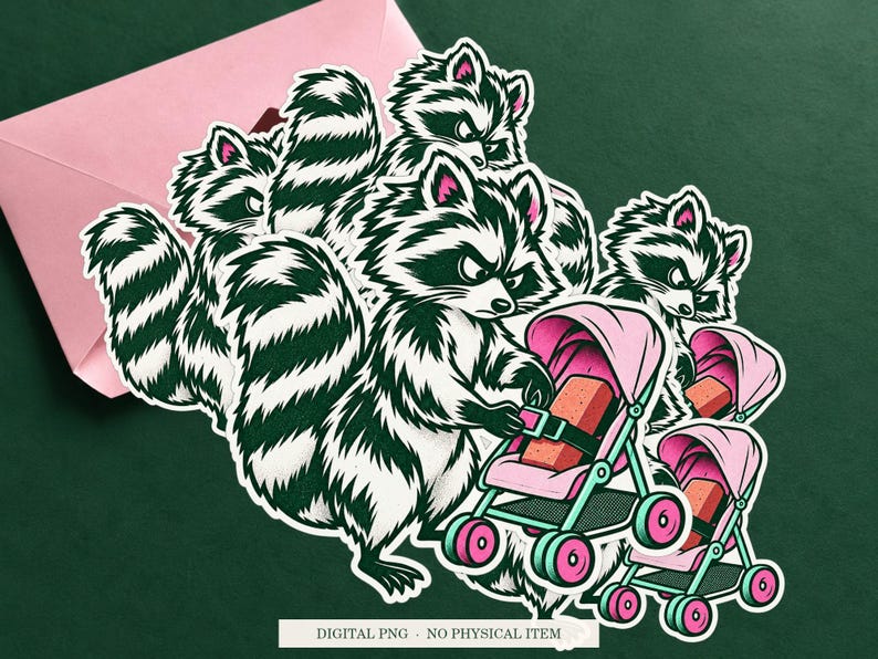 Raccoon Emotional Support Brick displayed on an envelope with a green background. Digital mockup, no physical item included.