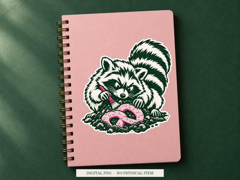 Raccoon Snack Archaeologist displayed on a notebook. Digital mockup showing a creative use for the PNG.