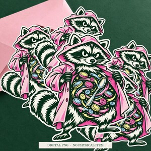 Raccoon Pocket Universe displayed on an envelope with a green background. Digital mockup, no physical item included.