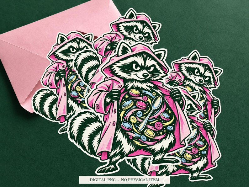 Raccoon Pocket Universe displayed on an envelope with a green background. Digital mockup, no physical item included.