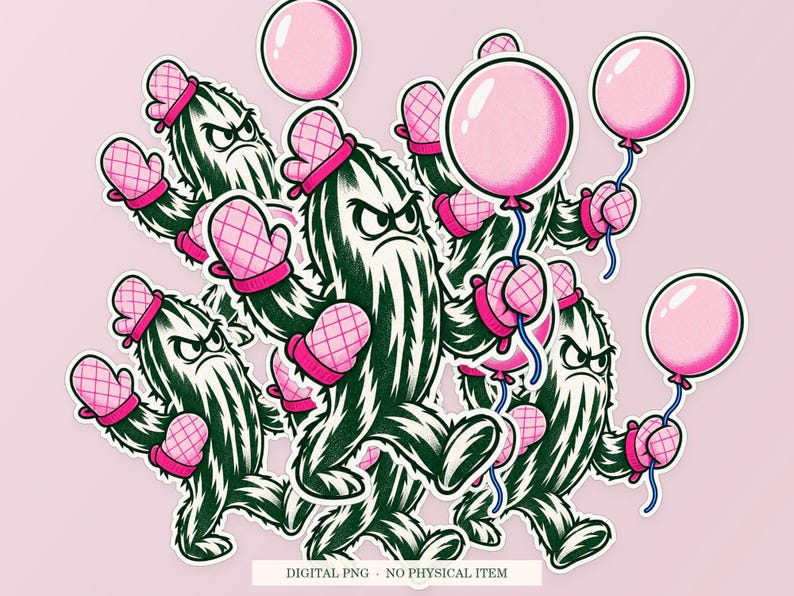 Cactus Balloon Armor shown in a playful sticker cluster on powder pink. Digital mockup, no physical stickers included.