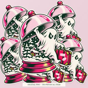 Haunted Snow Globe Escape artwork shown as overlapping white outlined sticker cutouts on a pink background. Digital PNG mockup; physical stickers are not included.