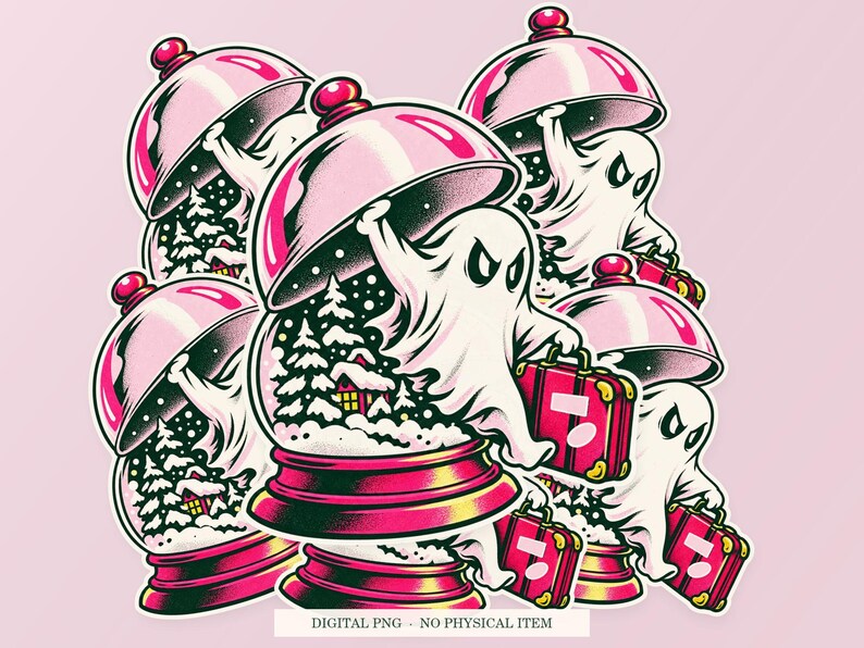 Haunted Snow Globe Escape artwork shown as overlapping white outlined sticker cutouts on a pink background. Digital PNG mockup; physical stickers are not included.