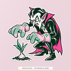 Vampire Garlic Gardener pink and green illustration on a cream digital download cover. One transparent PNG with white outline; no physical item.